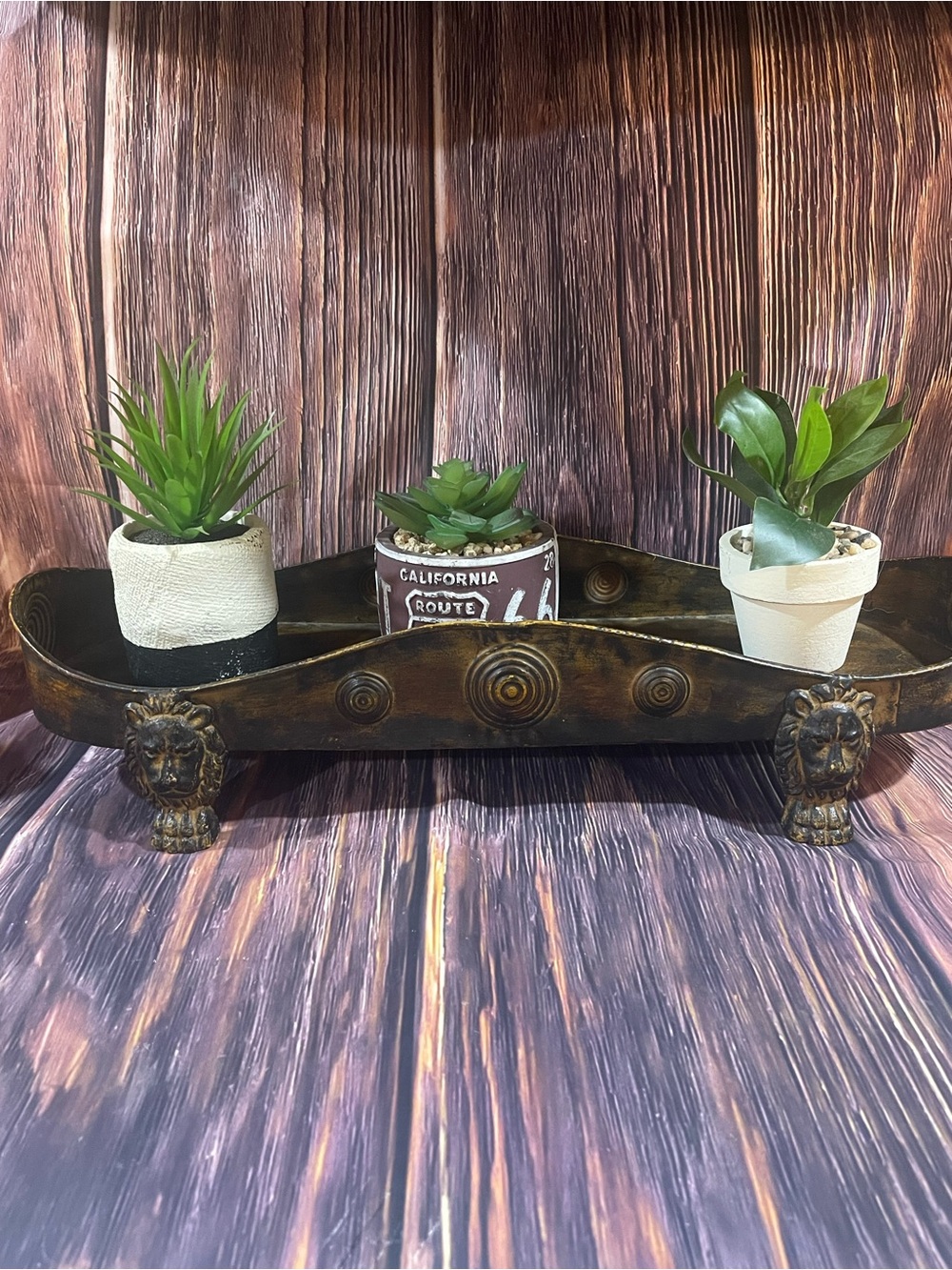 Gold Plated Steel Vtg Lion Footed Planter/decor with 3 artificial planters